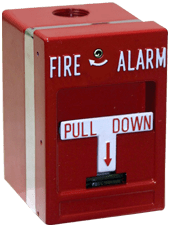 Edwards MPSR2-SHTW-GE fire alarm pull station mounted on wall with clear label and red color for emergency use