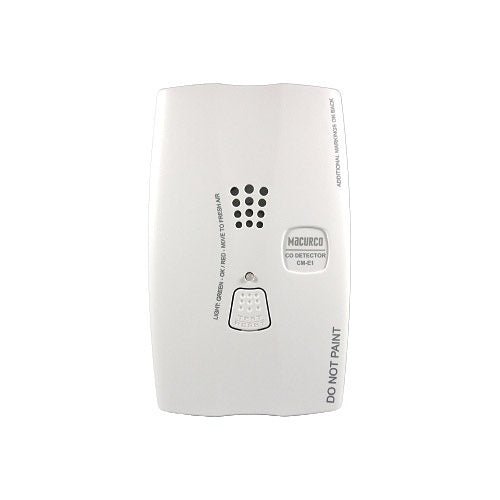 Macurco CM-E1 carbon monoxide sensor with digital display, mounted on a wall for home or commercial air quality monitoring
