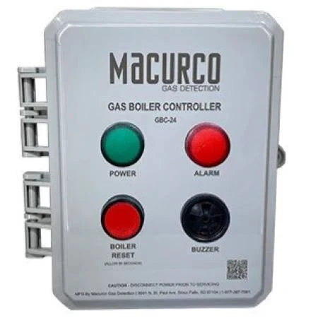Macurco GBC-120-2 gas detector sensor with electronic components and wiring, used for air quality monitoring.