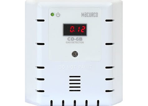 Macurco CD-6B carbon dioxide detector mounted on wall, with digital display and sensor in a professional environment.