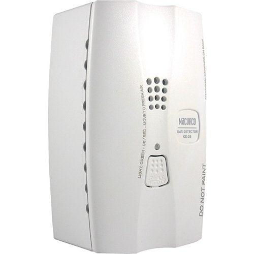 Macurco GD-2B gas detector sensor with digital display showing detection levels and status indicators.
