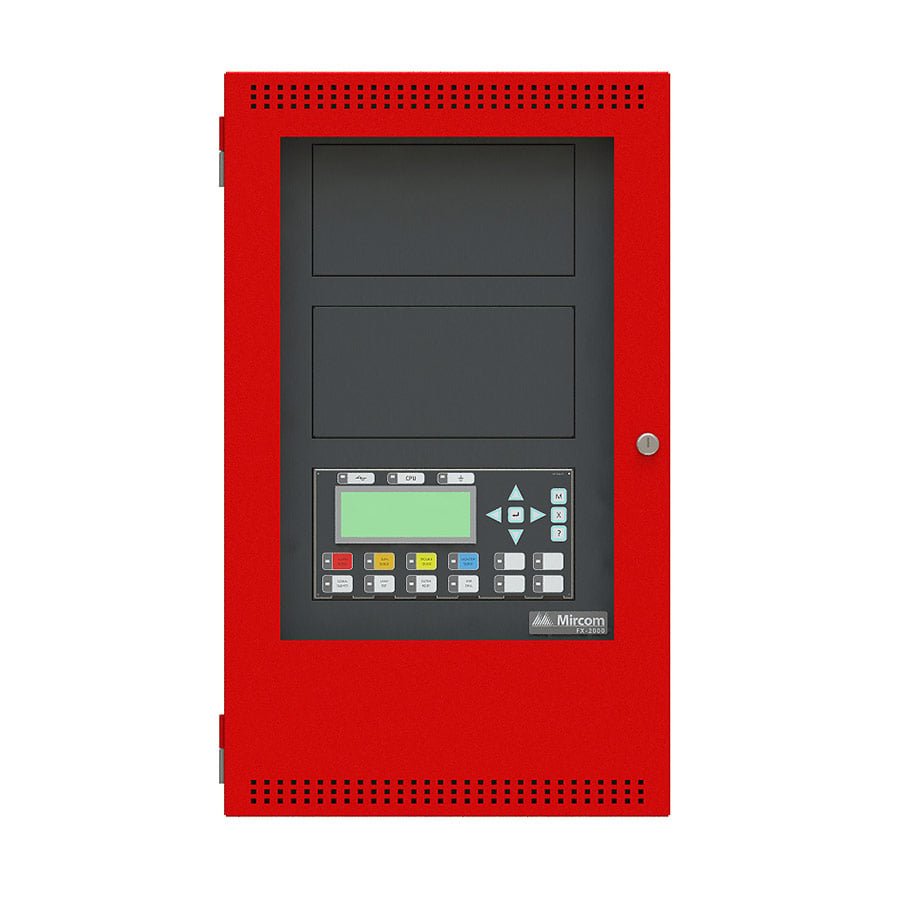 Mircom FX-2003-12NDS fire alarm panel with multiple indicator lights and control buttons, installed in a building safety system.
