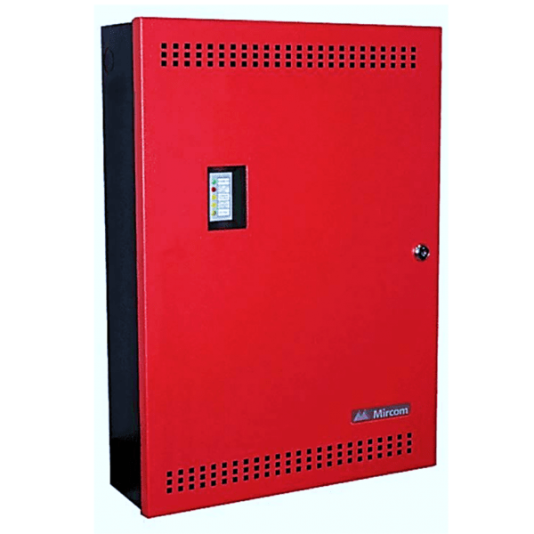 Mircom ULC INX-10A fire alarm sensor with red indicator light, mounted on wall, in a commercial setting