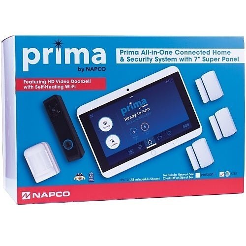 Napco PKIT1DV security system kit with sensors and control panel for home security, featuring sleek design and easy installation.