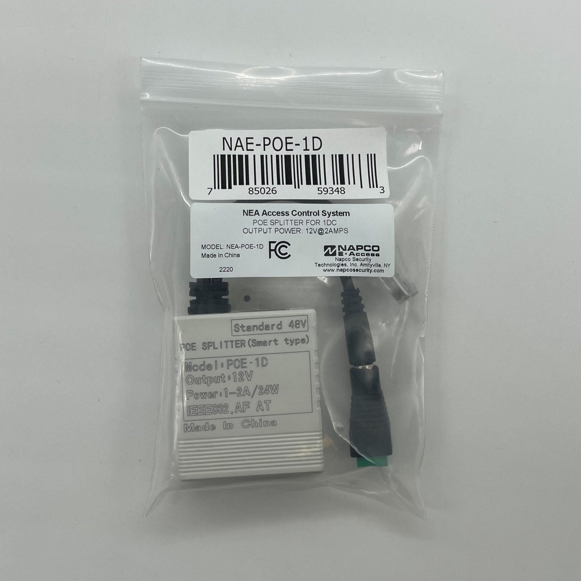 Napco NAE-POE-1D security panel with Ethernet port, mounted on wall with network cables, used for alarm system connectivity.
