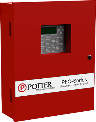 Potter PFC-6006-R Jem Systems Canada fire protection control panel with digital display and buttons.