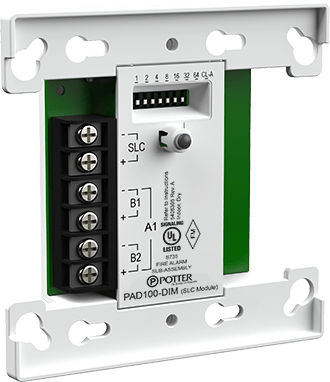 Potter PAD100-DIM dimmer switch with sleek design, mounted on wall, showcasing adjustable control for lighting.