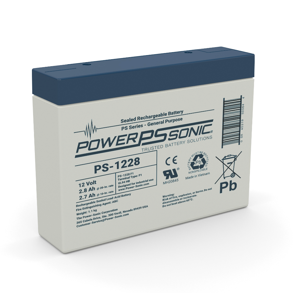 Power Sonic PS-1228 F1 fire alarm sensor with white casing, mounted on a wall as part of a fire safety system.