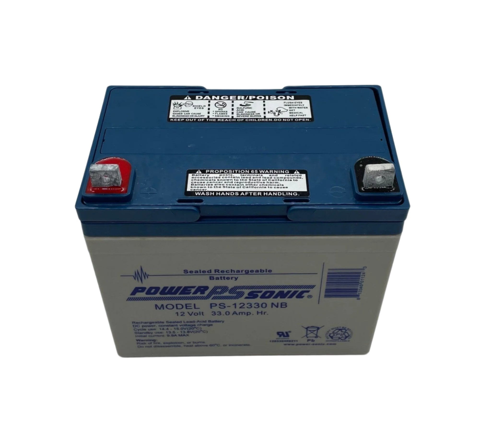 Power Sonic PS-12330 rechargeable battery, compact and durable energy storage device with positive and negative terminals.