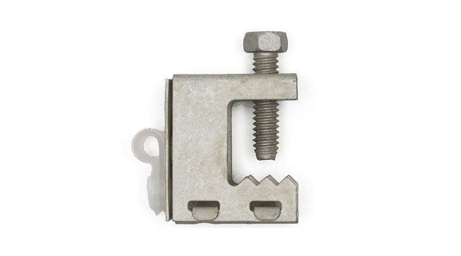 Protectowire BC-2 Beam Clamp by Protectowire, shown in a practical industrial setting for securing electrical or fire alarm systems.