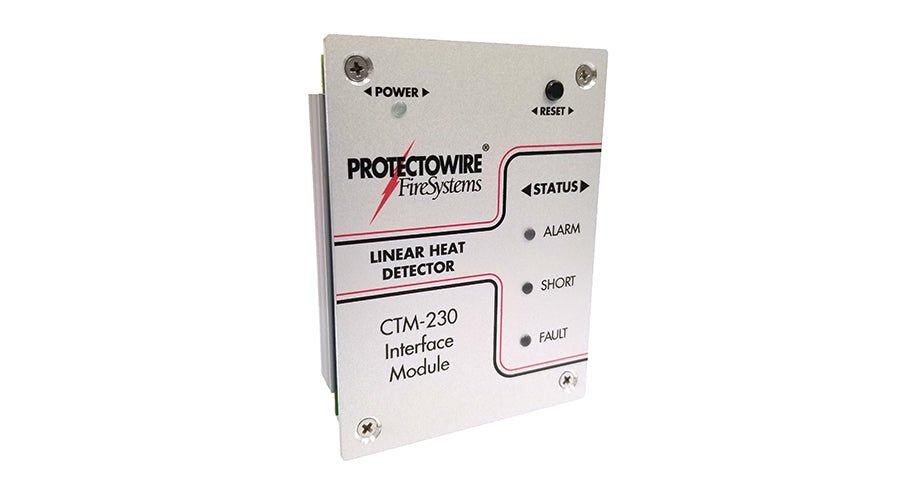 Protectowire CTM-230 fire alarm system with protective casing, installed in a commercial setting for fire detection and safety.