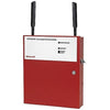 Fire-Lite HWF2A-COM fire alarm control module mounted on a panel with visible wiring and connection ports.