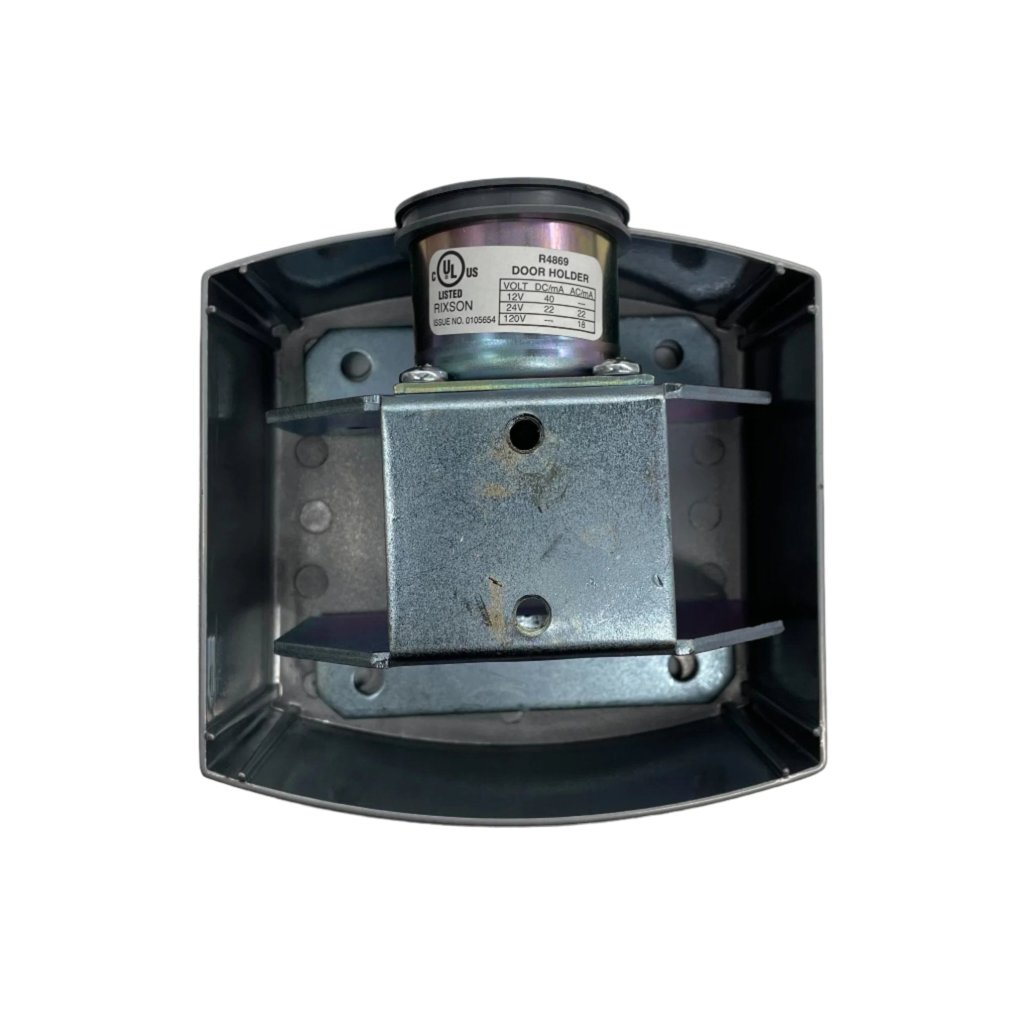 Rixson FM980 low profile electromagnetic door holder mounted on door frame, black finish, for secure door hold open.