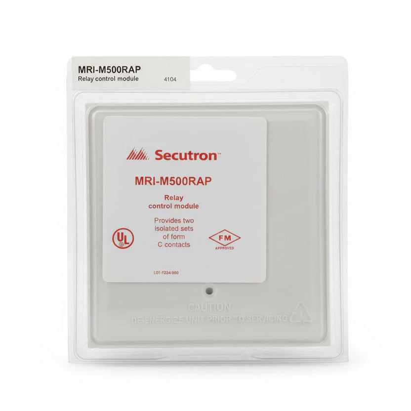 Secutron MRI-M500RAP fire alarm control panel mounted on wall with indicator lights and control buttons.
