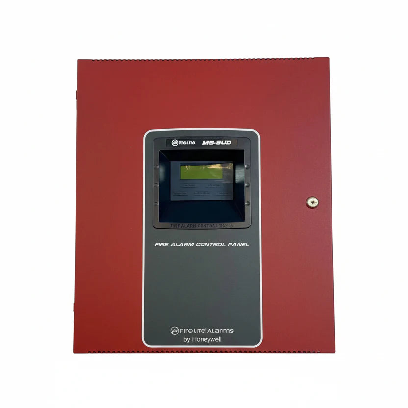 Fire-Lite MS-5UD-3 fire alarm control panel with keypad and indicator lights, mounted on a wall.