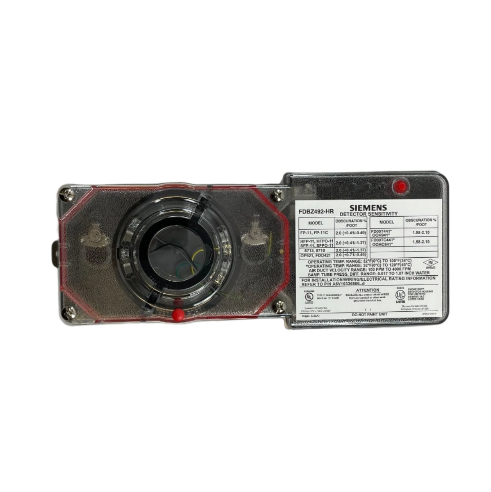 Siemens FDBZ492-HR duct detector installed in HVAC system, cylindrical sensor for airflow and smoke detection in ventilation ducts