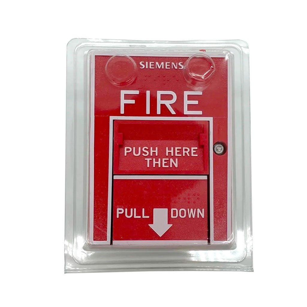 Siemens HMS-D pull station for fire alarm systems, mounted on a wall with visible red handle and labeling.