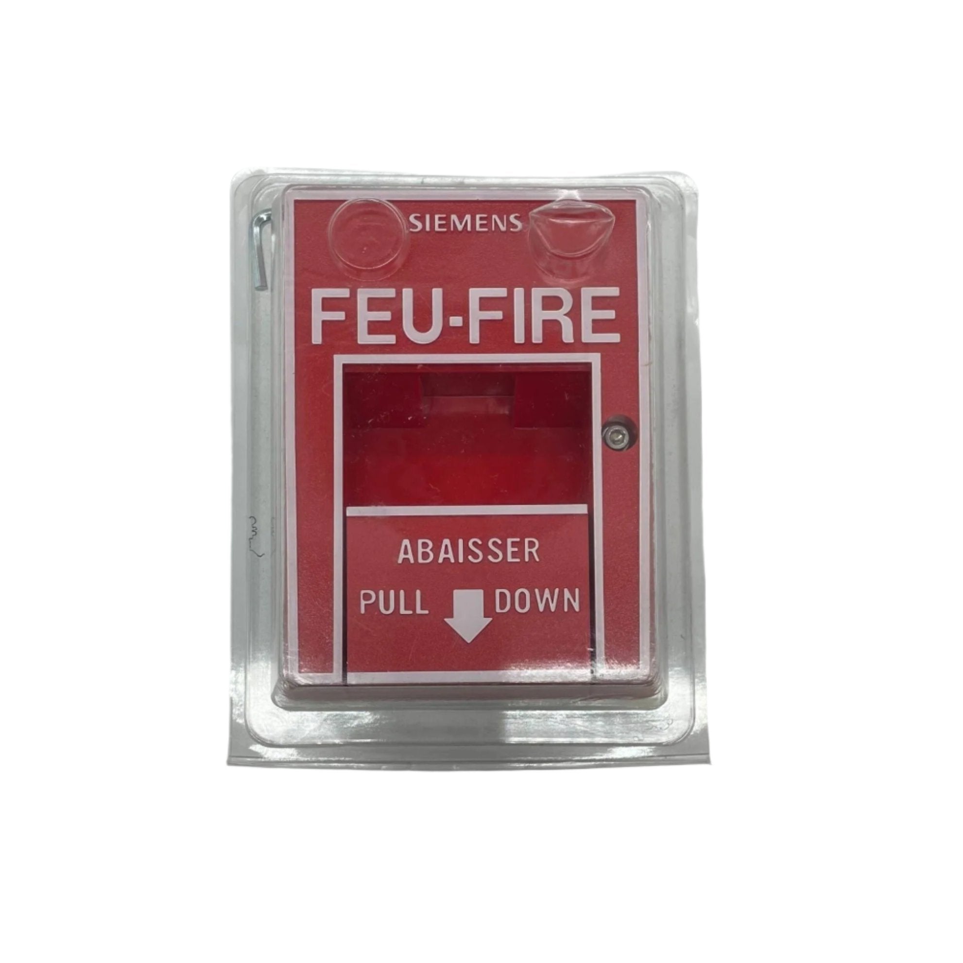 Siemens HMS-SA pull station fire alarm device mounted on a wall, part of Siemens fire safety systems.