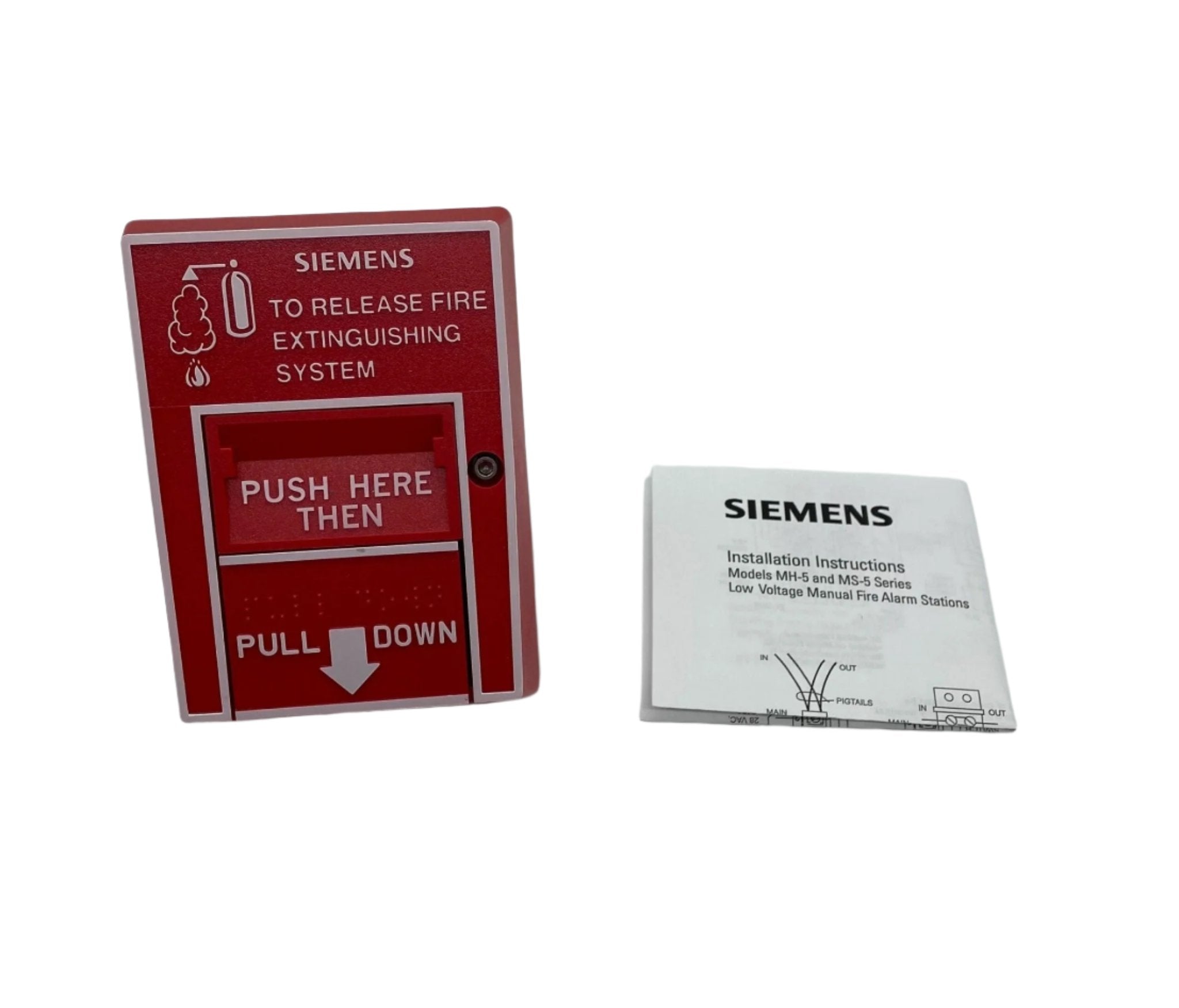 Siemens MH-501 pull station fire alarm device with black casing and manual pull lever, mounted on a wall.