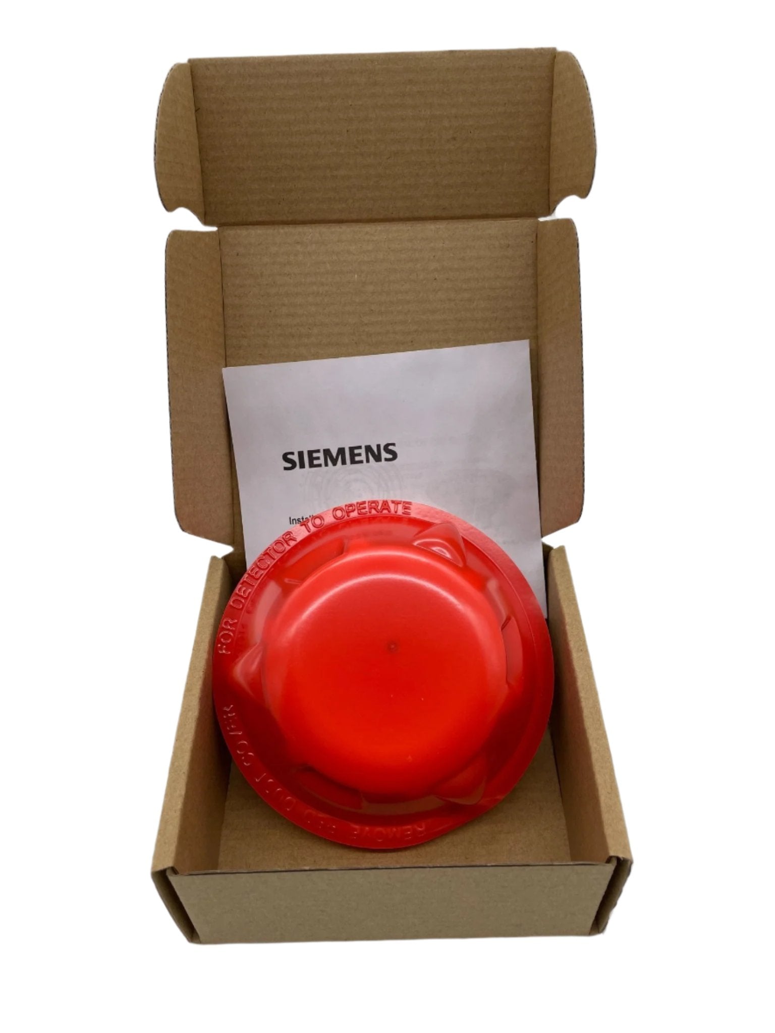 Siemens OP121 smoke detector mounted on ceiling, with white circular design and test button, for home safety and fire prevention.