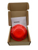 Siemens OP121 smoke detector mounted on ceiling, with white circular design and test button, for home safety and fire prevention.