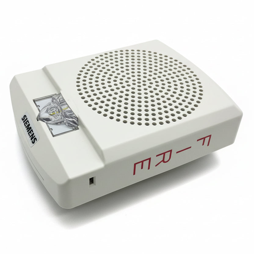 Siemens SLSPSWW-F speaker strobe light mounted on wall, white safety signaling device for emergency alerts