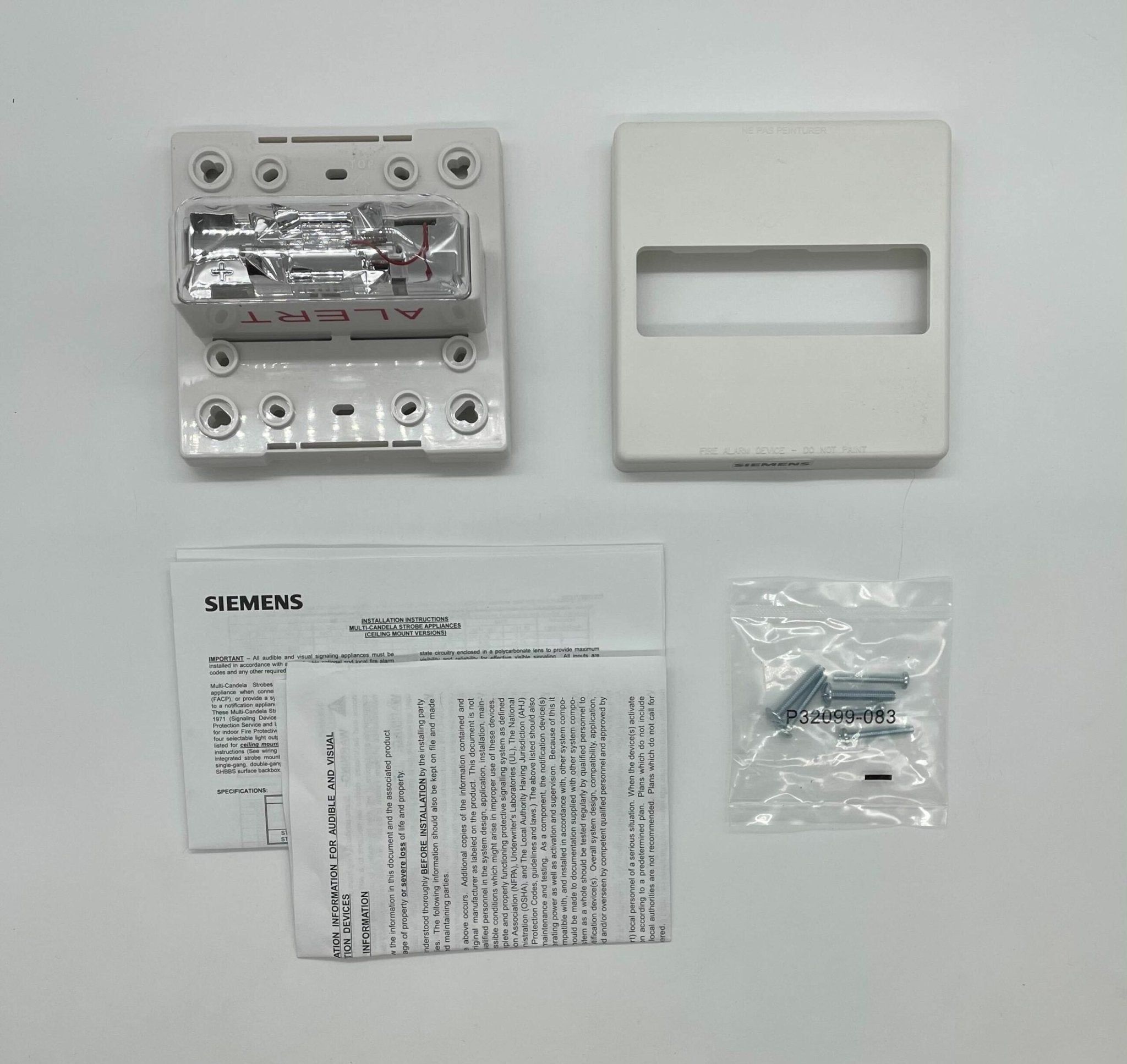 Siemens ST-CMC-CW-MNS-ALERT strobe light with warning alert device, mounted on a wall for safety indication.