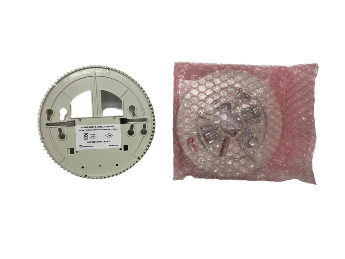Silent Knight SD505-6IB isolator base, black plastic mounting base for fire alarm systems, shown in close-up view.