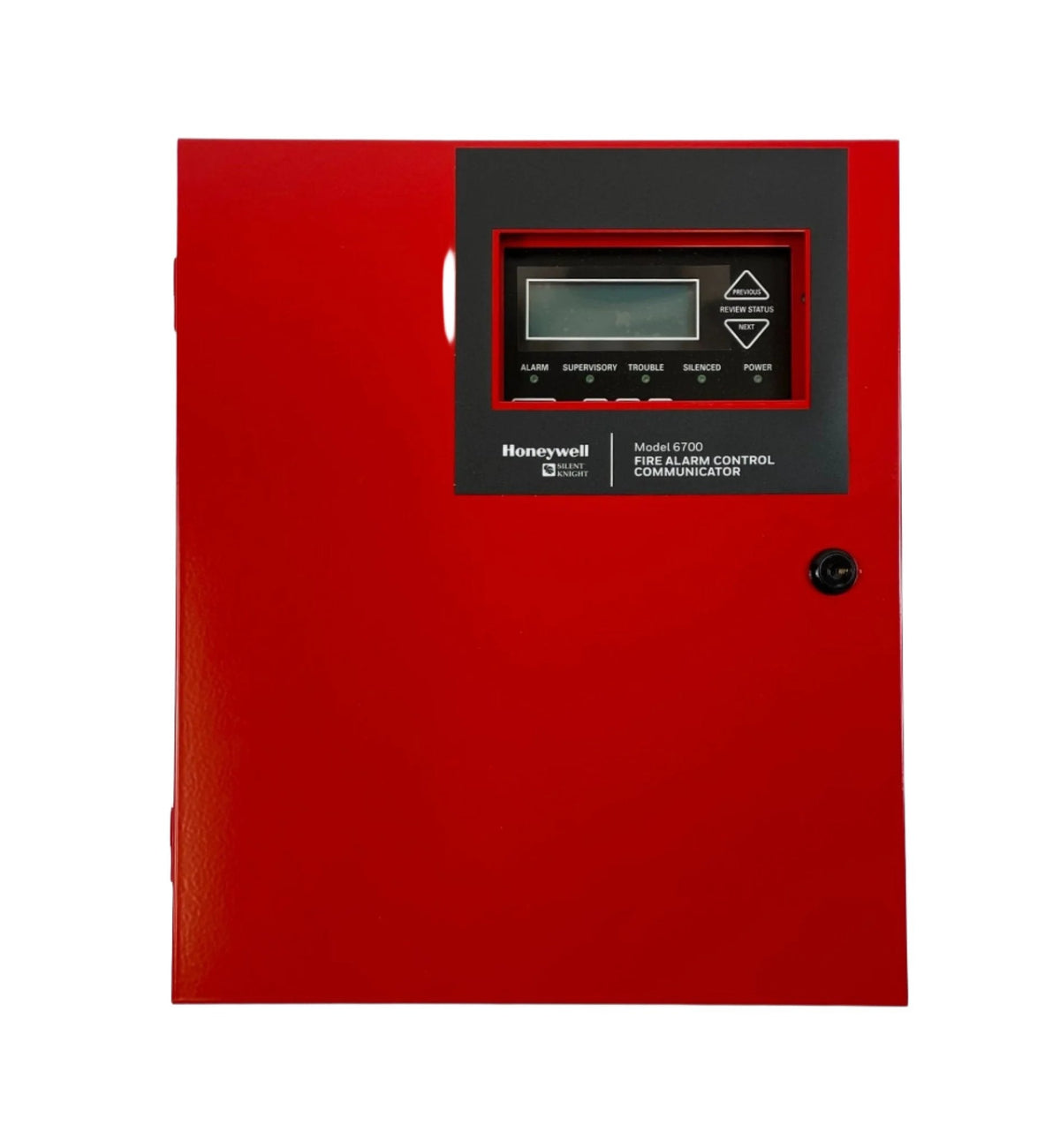 Silent Knight 6700 addressable fire alarm control panel with digital display and control buttons, used for fire safety management.
