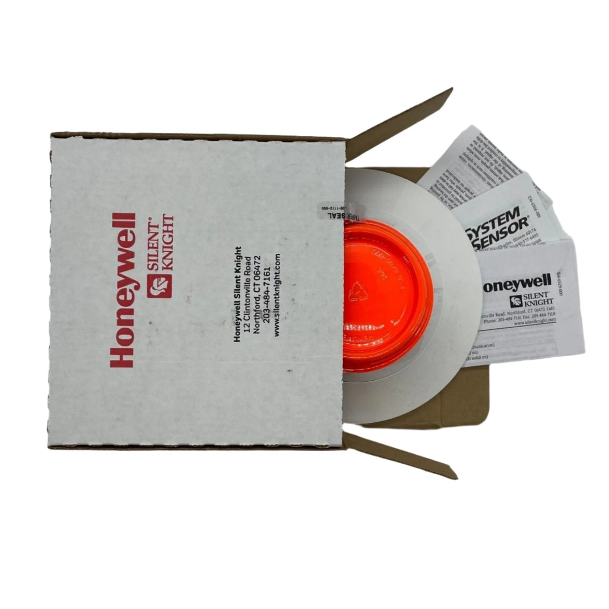Silent Knight SK-HEAT-ROR-W heat detector mounted on ceiling, used for fire detection and safety in commercial buildings.