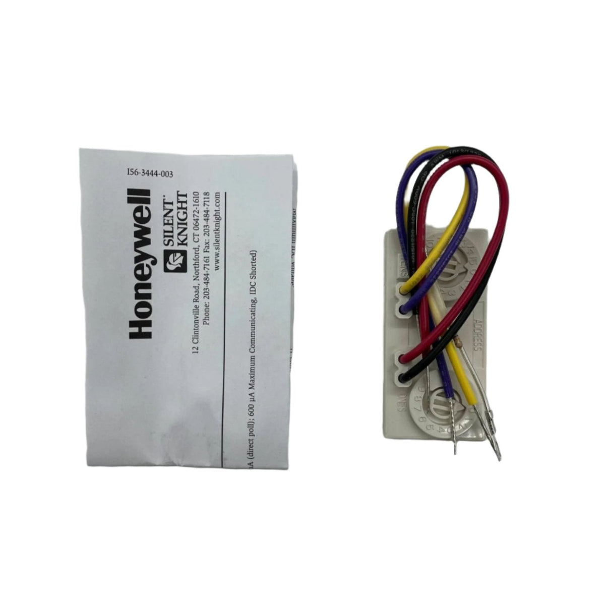 Silent Knight SK-MINIMON addressable mini monitor module connected to a security system, compact device with a clean design.