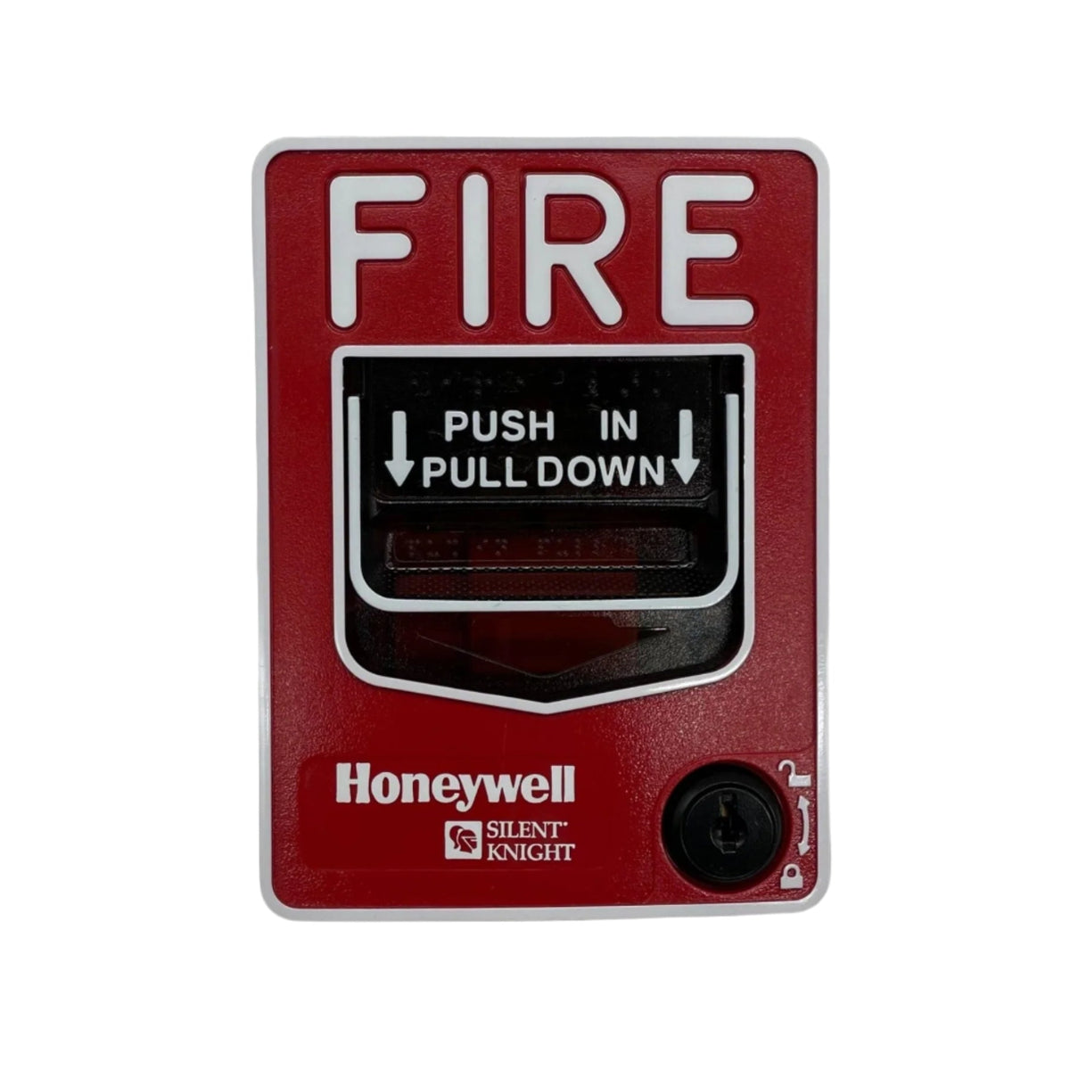 Silent Knight PS-DALOB dual-action outdoor pull station with red and black design for emergency fire alarm activation.