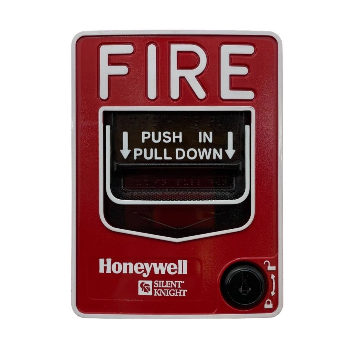 Silent Knight SK-PULL-DA addressable dual-action pull station for fire alarm systems, with clear labeling and durable design.