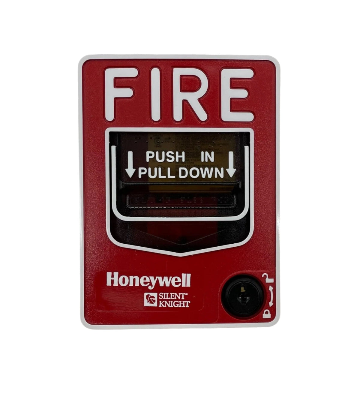 Wireless pull station by Silent Knight, model WSK-PULL-DA, with a sleek design for emergency notification systems.