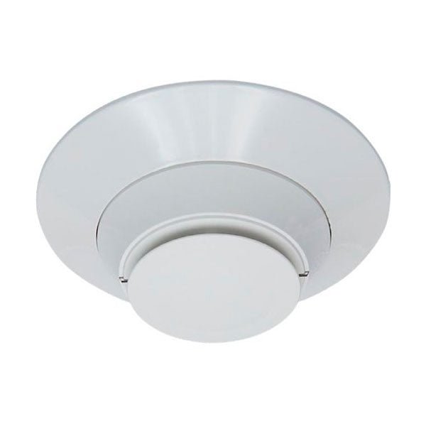 Silent Knight SK-PHOTO-W addressable smoke detector with alarm indicator and mounting base, designed for fire safety systems.