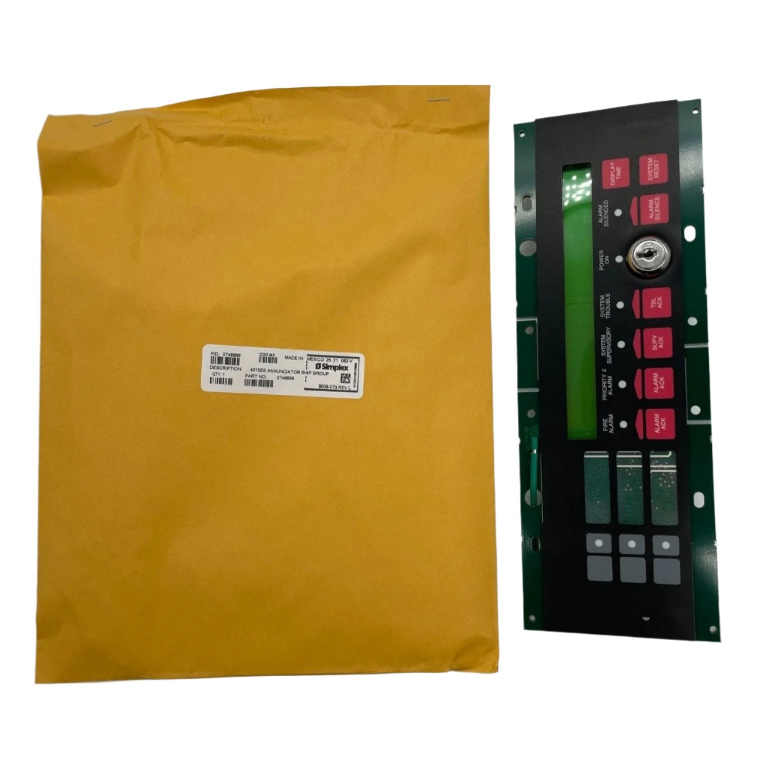 Simplex 4606-9102 fire alarm sensor by Simplex, mounted on a ceiling with wiring visible in the image.