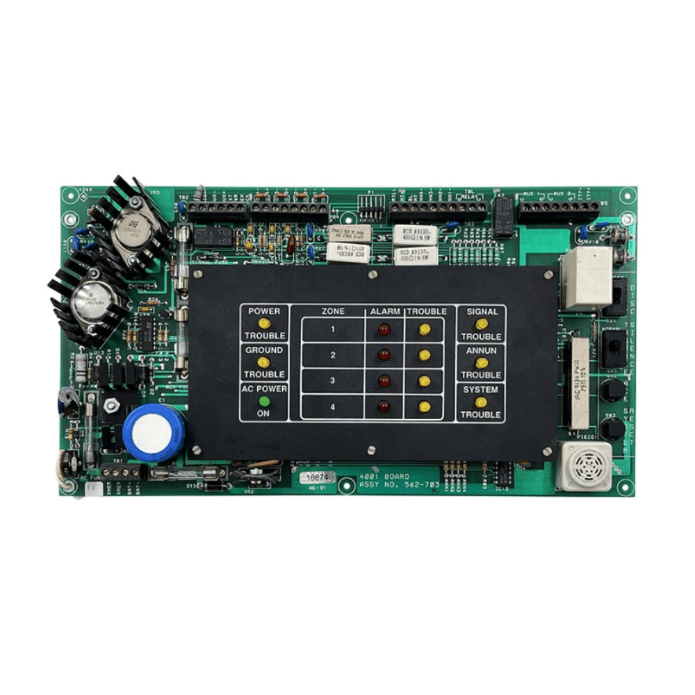 Simplex 4001-9403 fire alarm control panel with digital display and control buttons, mounted on a wall.
