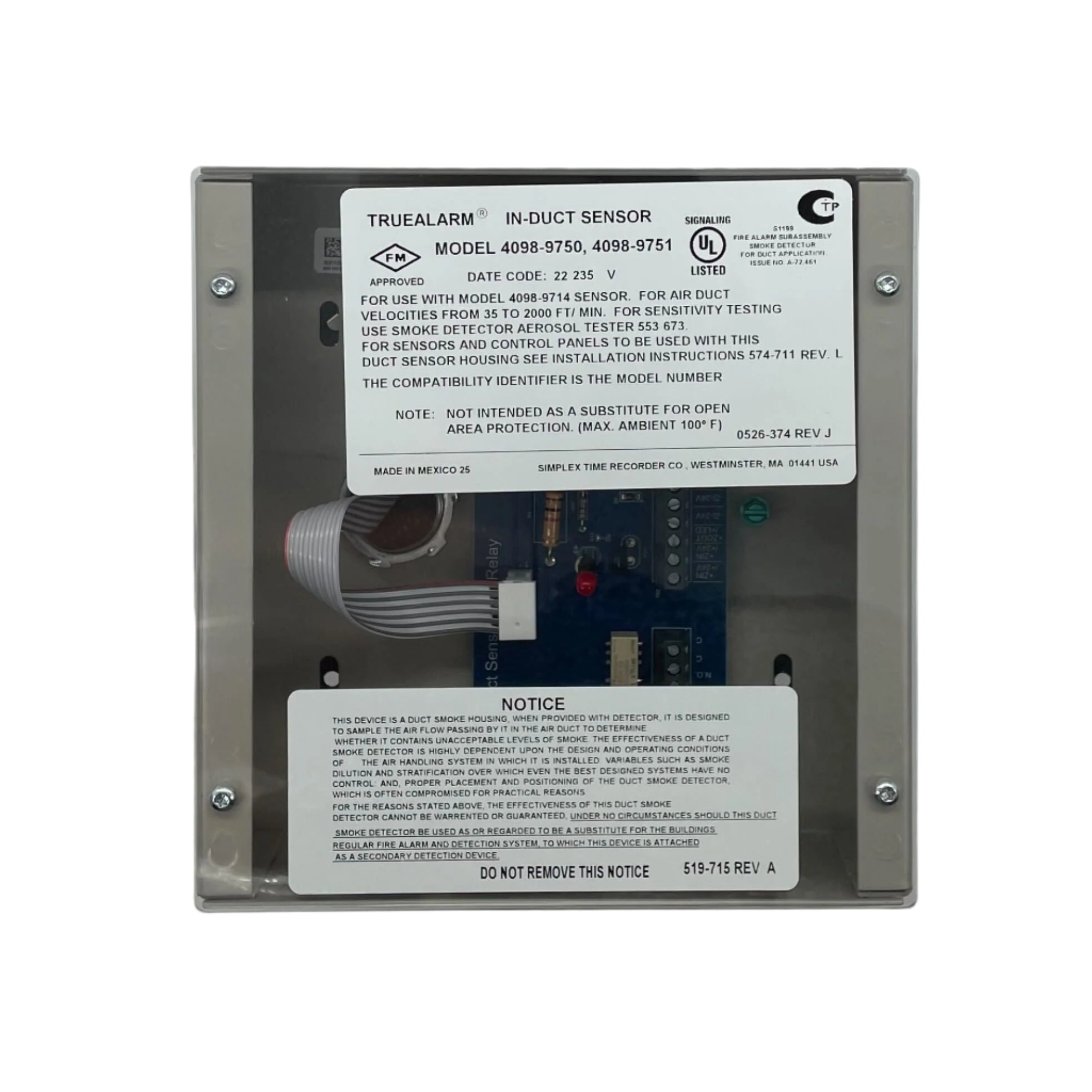 Simplex 4098-9751 duct detector installed in ceiling for fire alarm detection, with visible wiring and mounting hardware.