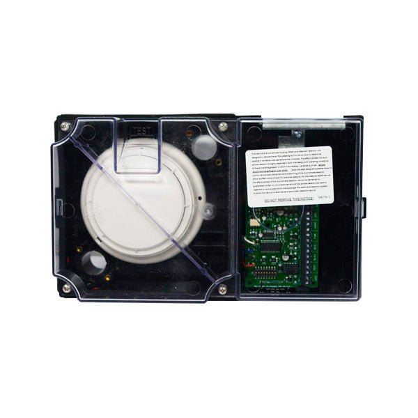 Simplex 4098-9756 duct detector installed in a ceiling, part of fire alarm system by Simplex.