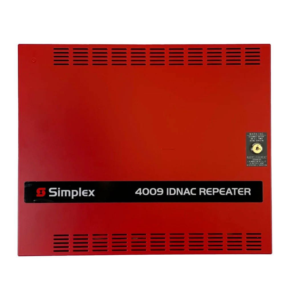 Simplex 4009-9602 fire alarm control panel with digital display and control buttons, mounted on a wall.