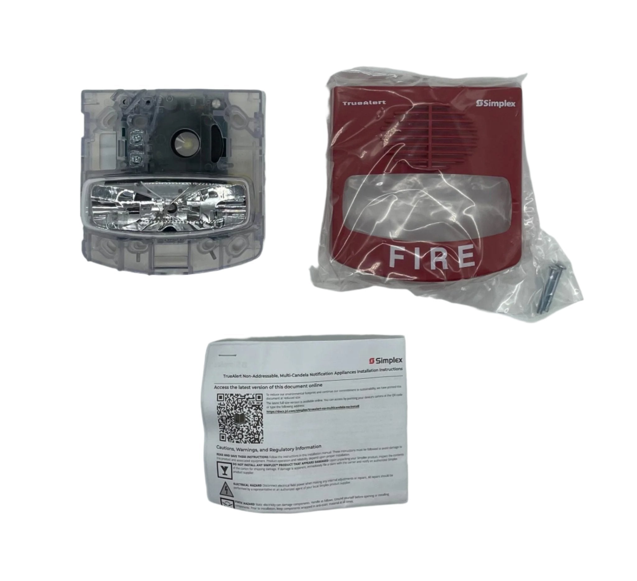 Simplex 4906-9127 horn strobe alarm with clear lens and mounting bracket, designed for fire safety and emergency notification.