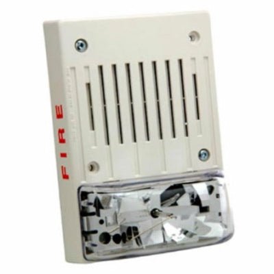 Simplex 4906-9130 horn strobe alarm with red housing and clear lens, mounted on a wall for fire alert signaling.