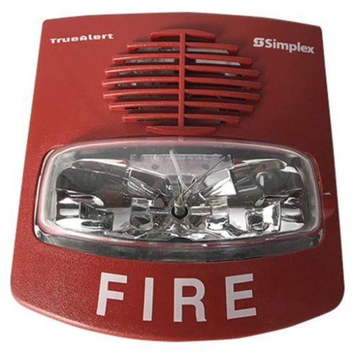 Simplex 4906-9139 fire alarm with white plastic casing and mounting bracket, designed for building safety and fire detection.