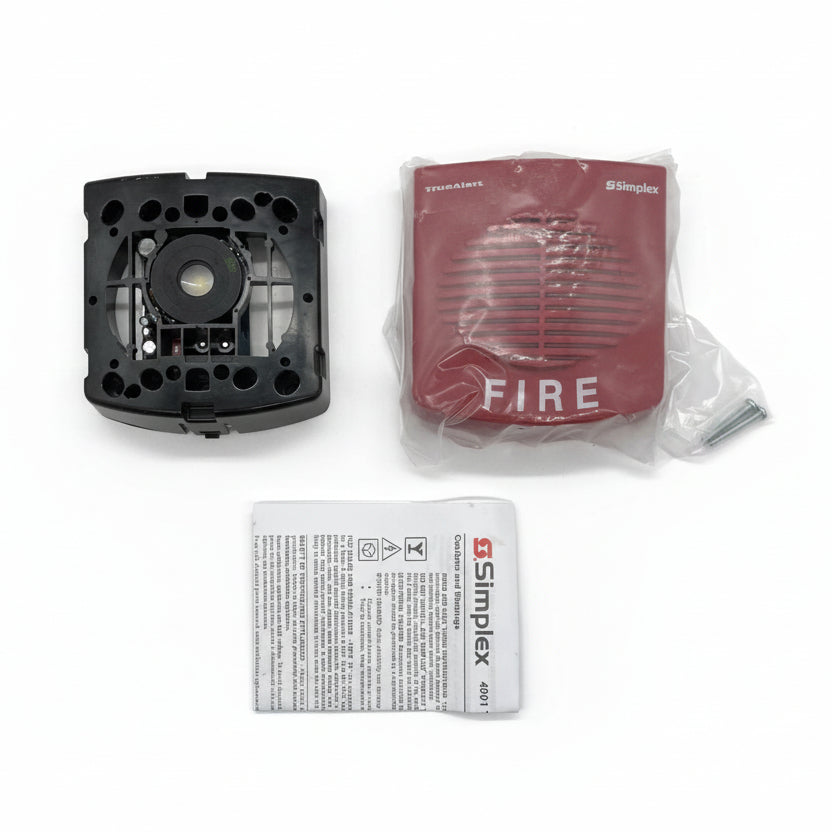 Simplex 4901-9820 horn from Jem Systems Canada, showcasing the compact black horn with mounting bracket and wiring.