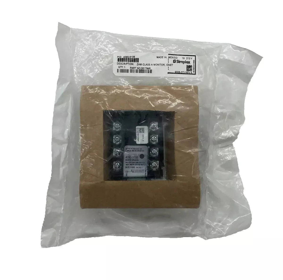 Simplex 4090-9106 fire alarm showing a sleek, white device mounted on a wall with warning labels for fire safety.