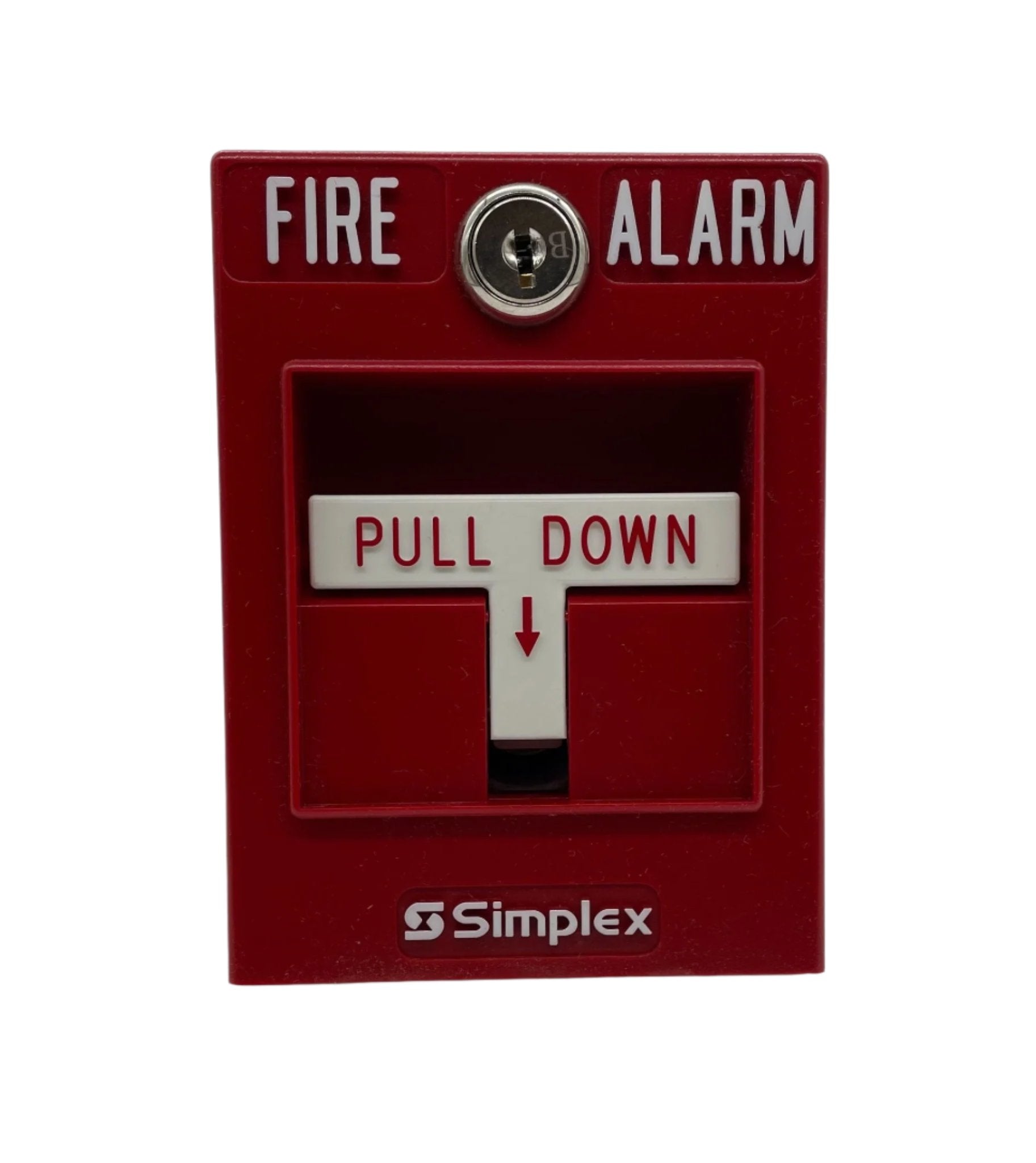 Simplex 2099-9101 pull station alarm device mounted on wall with visible switch and label, used for emergency alerts.