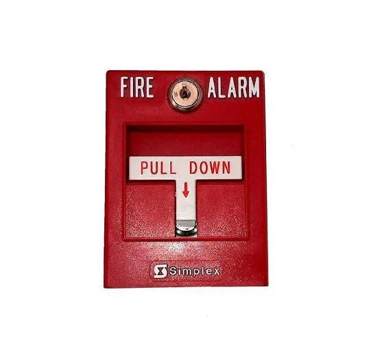 Simplex 2099-9102 pull station fire alarm switch mounted on wall with visible branding and safety labeling.