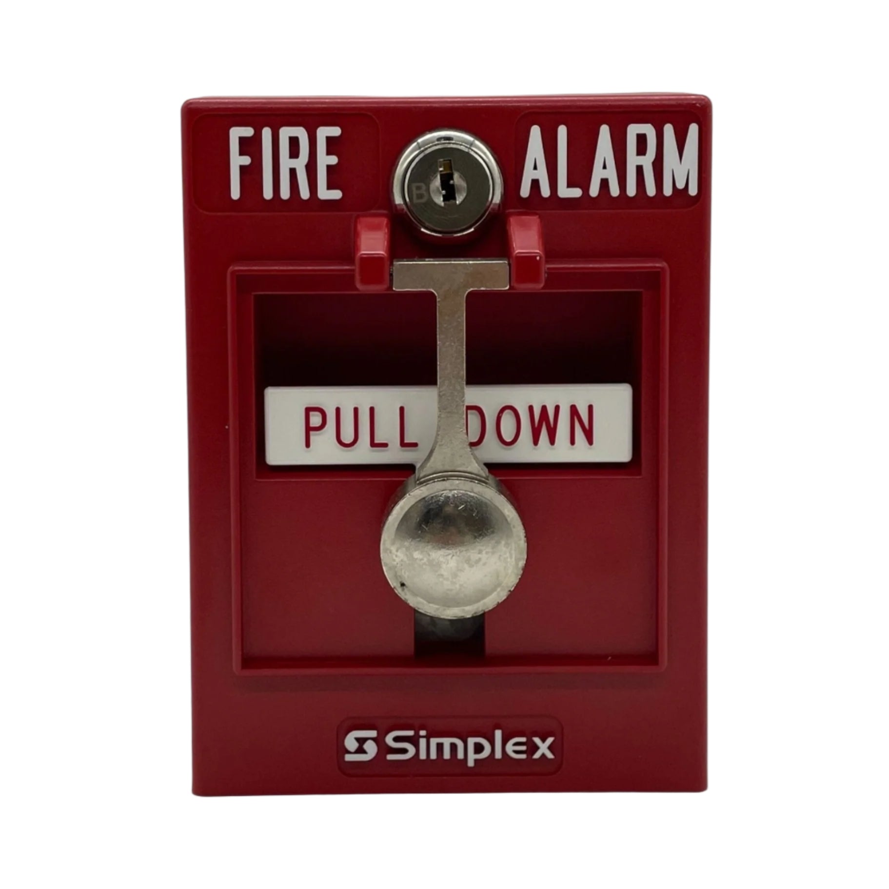 Simplex 2099-9104 pull station fire alarm device mounted on wall with label and emergency indicator visible