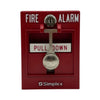 Simplex 2099-9104 pull station fire alarm device mounted on wall with label and emergency indicator visible