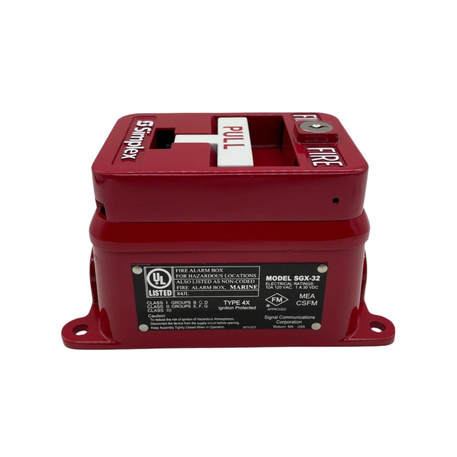 Simplex 2099-9144 pull station alarm button mounted on wall, used for emergency fire alert, by Simplex.